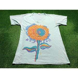Vintage On White Bay Head Sun Flower Women's Graphic Tee T-Shirt Size Large Blue